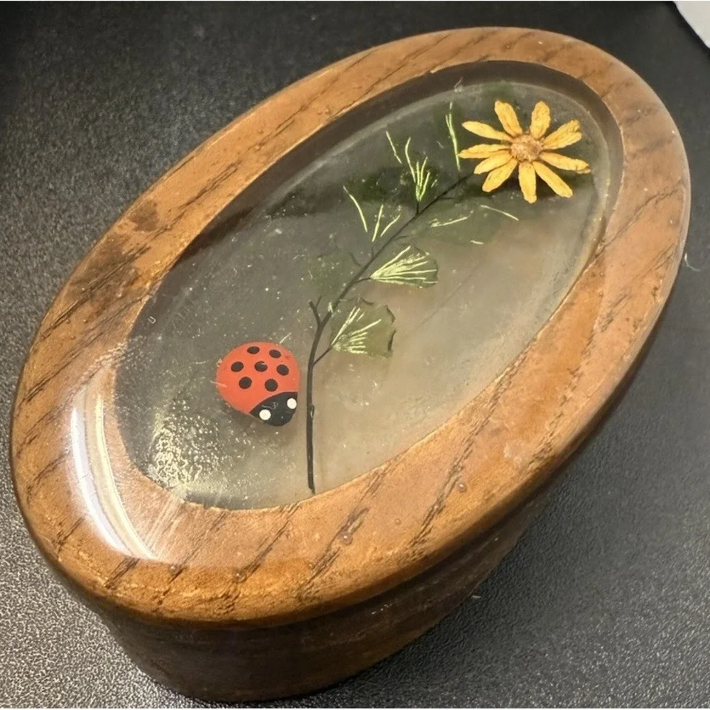 Vintage 1970's Design Gifts Wood Trinket Box Resin Lid Authentic Ladybug Flower